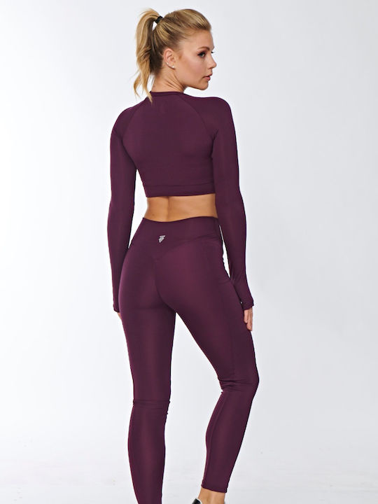 Per Mia Donna Crop Top Sportiv pentru Femei cu Mâneci Lungi Burgundy