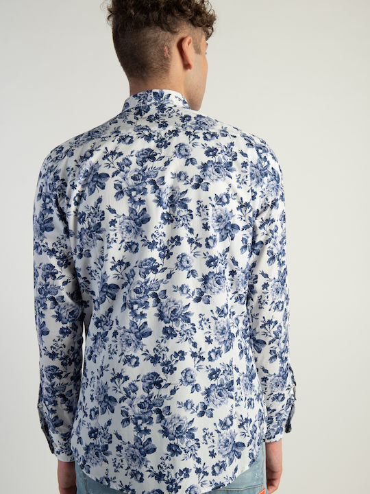 Premium Denim Men's Shirt Long Sleeve Floral Blue