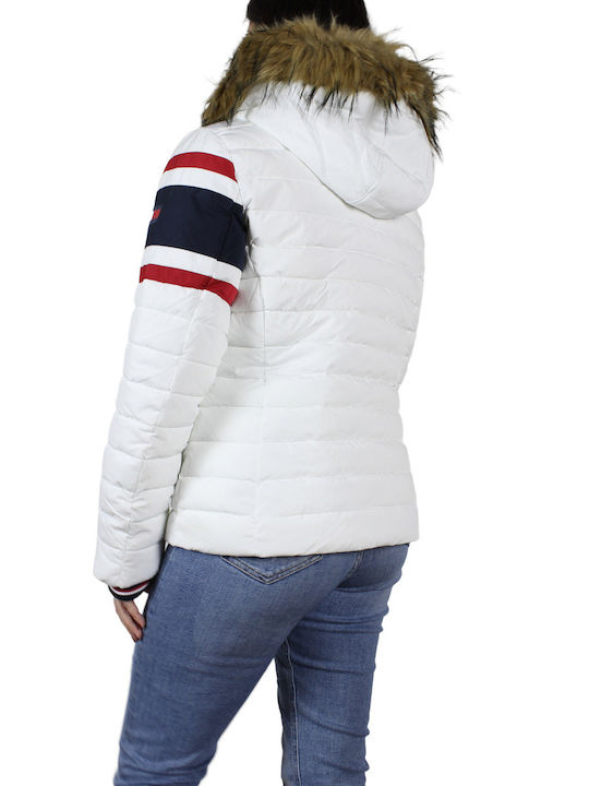 Tommy Hilfiger Kurz Damen Puffer Jacke mit pelziger Kapuze für Winter Weiß