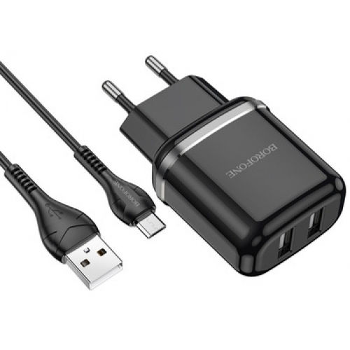Borofone Charger with 2 USB-A Ports and Cable micro USB Blacks (DBN4)