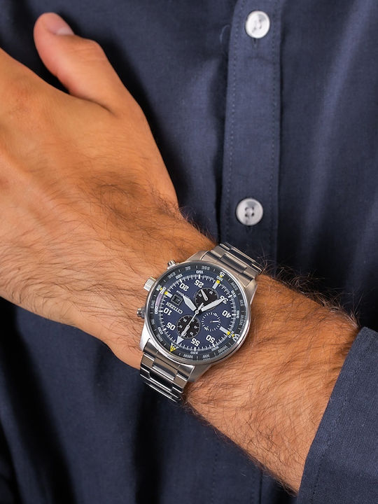 Citizen Ανδρικό Ρολόι 44mm Χρονογράφος Eco - Drive με Ασημί Μεταλλικό Μπρασελέ