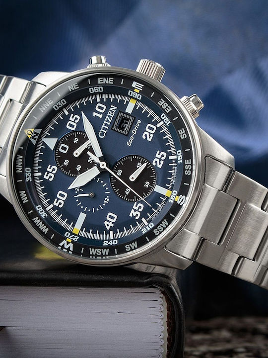 Citizen Ανδρικό Ρολόι 44mm Χρονογράφος Eco - Drive με Ασημί Μεταλλικό Μπρασελέ