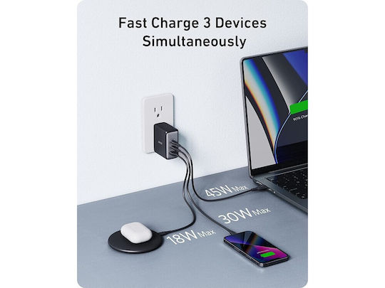 Anker Φορτιστής Χωρίς Καλώδιο GaN με Θύρα USB-A και 2 Θύρες USB-C 100W Quick Charge 3.0 / Power Delivery Μαύρος (736 Nano II)