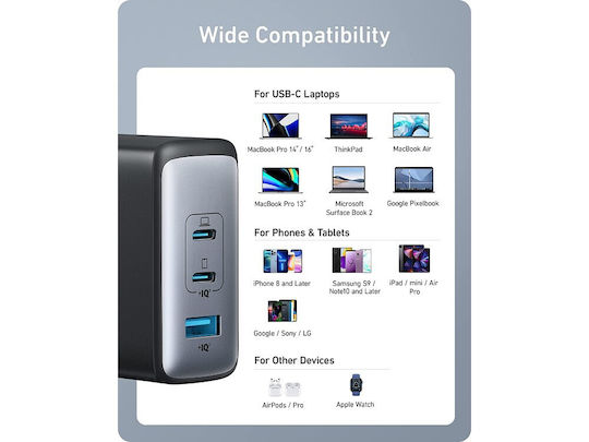 Anker Φορτιστής Χωρίς Καλώδιο GaN με Θύρα USB-A και 2 Θύρες USB-C 100W Quick Charge 3.0 / Power Delivery Μαύρος (736 Nano II)
