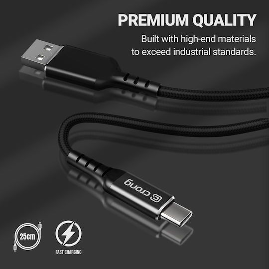 Crong Armor Link Cablu USB 2.0 Braided USB-C Masculin - USB-A 60W PD Negru 0.25m CRG-AL025USAC-BLK