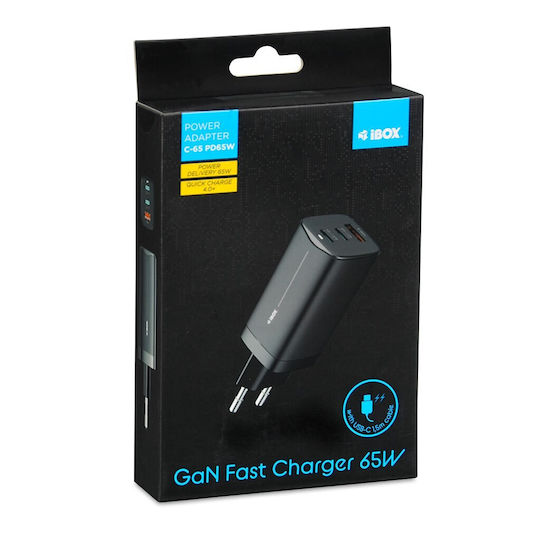 iBox Incarcător Fără Cablu GaN Cu Port USB-A și 2 Porturi USB-C 65W Negru (C-65)
