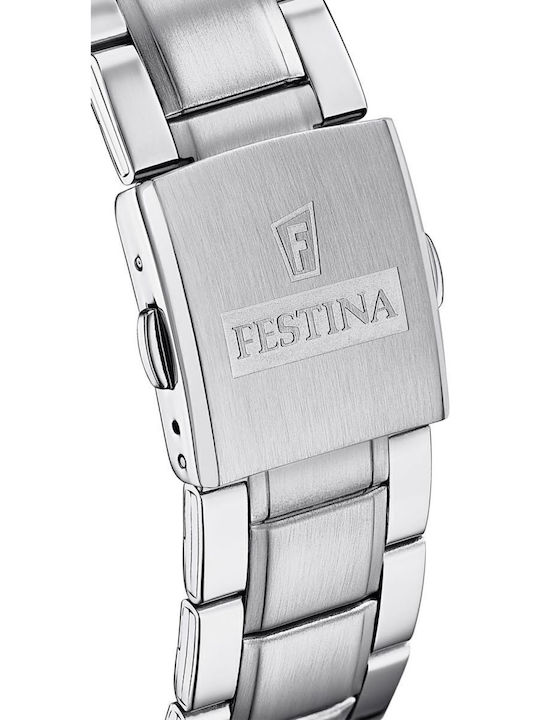 Festina Ανδρικό Ρολόι 44mm Χρονογράφος Μπαταρίας με Ασημί Μεταλλικό Μπρασελέ