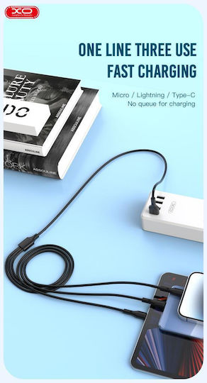 XO 16.005.0215 Regular USB to Lightning / Type-C / micro USB Cable 2.4A Μαύρο 1m (16.005.0215)