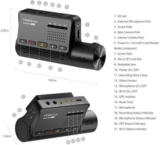 Viofo A139 3CH Σετ Κάμερα DVR Αυτοκινήτου 1440P Wi-Fi, GPS & Κάμερα Οπισθοπορείας