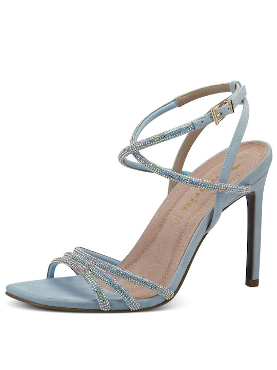 Tamaris Leather Women's Sandals with Strass & Ankle Strap Light Blue