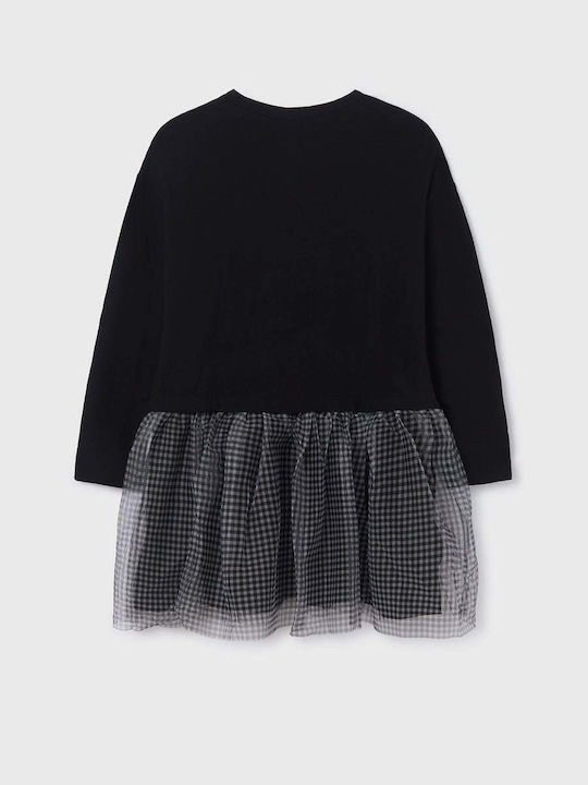 Mayoral Kids Dress Tulle Checked Long Sleeve Black