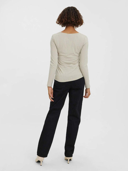 Vero Moda Women's Long Sleeve Sweater with V Neckline Beige