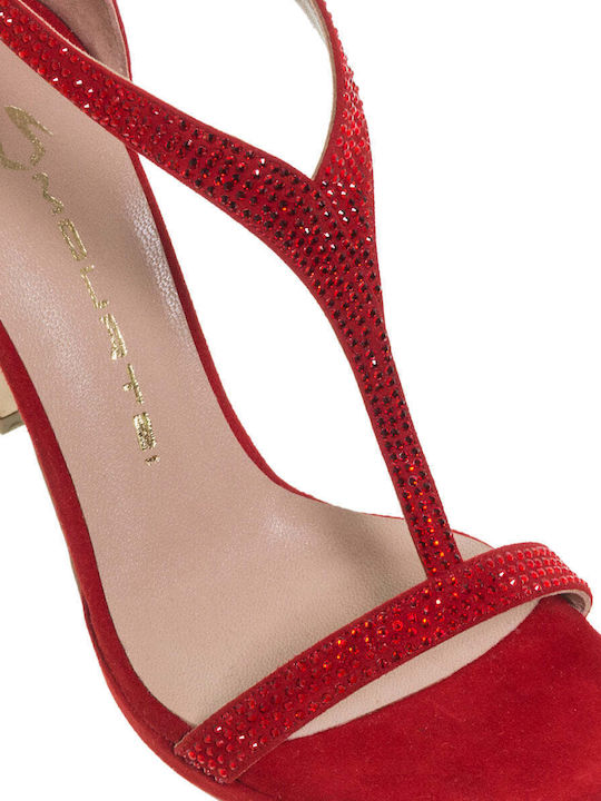 Mourtzi Platform Leather Women's Sandals with Strass Red with Thin High Heel