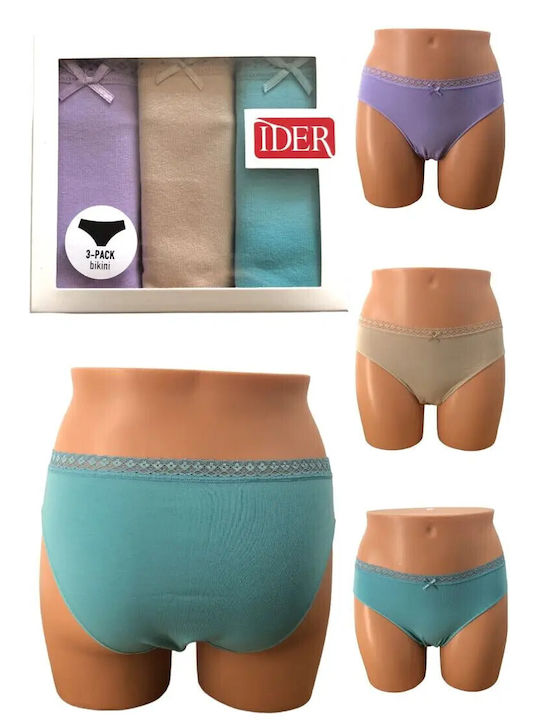 IDER Βαμβακερά Γυναικεία Slip 3Pack με Δαντέλα Levander/Beige/Aqua