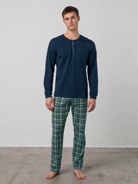 Vamp Men's Winter Cotton Checked Pajamas Set Blue Oxford