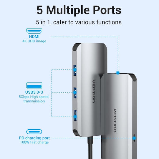 Vention TODHB USB-C Docking Station with HDMI 4K PD and Support for 2 Monitors Gray