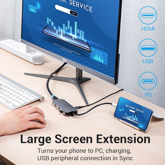 Vention TODHB USB-C Docking Station with HDMI 4K PD and Support for 2 Monitors Gray