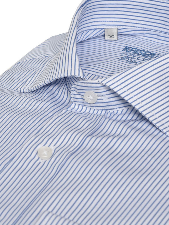 Modern Fit Kaiserhoff Light Blue Striped Cotton Shirt with Rex Collar - All Day