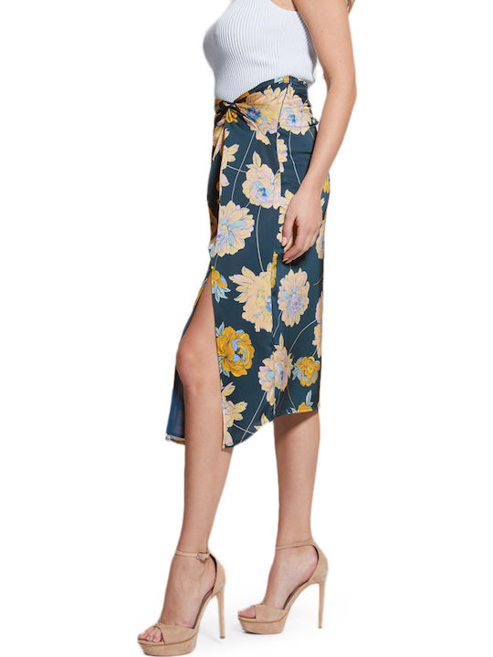 W3RD09WEX62 Satin Pencil High-waisted Midi Skirt Floral Multicolored