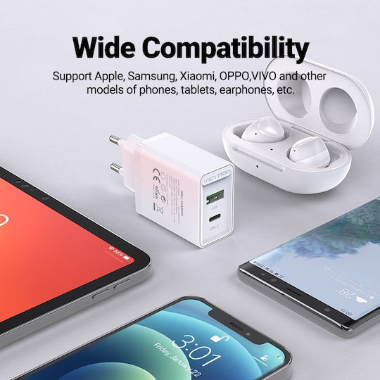 Vention Φορτιστής Χωρίς Καλώδιο με Θύρα USB-A και Θύρα USB-C 20W Power Delivery / Quick Charge 3.0 Λευκός (FBBW0-EU)