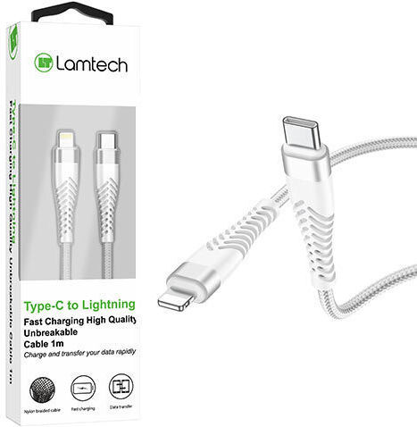 Lamtech Плетена USB-C към Lightning кабел Бял 1м (LAM112754)
