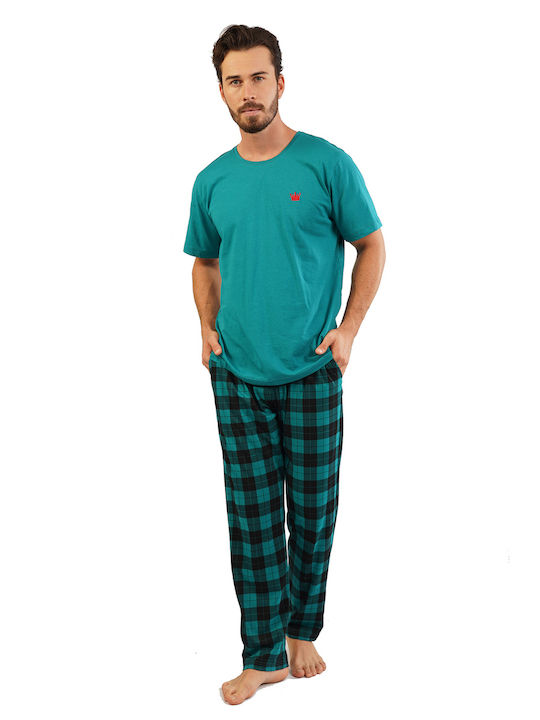 Pijama bărbați Gazzaz din bumbac de vară cu pantaloni lungi în carouri-104126 verde