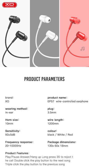XO EP57 Κόκκινο In-ear Handsfree με Βύσμα 3.5mm Κόκκινο