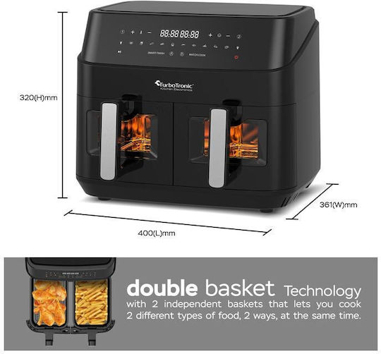 Turbotronic TT-DAF6W Air Fryer with Double Detachable Bucket 9lt Black
