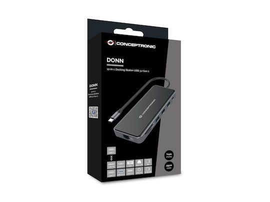 Conceptronic USB-C Docking Station με HDMI 4K PD Ethernet και συνδεση 2 Οθονών Μαύρο (DONN15G)