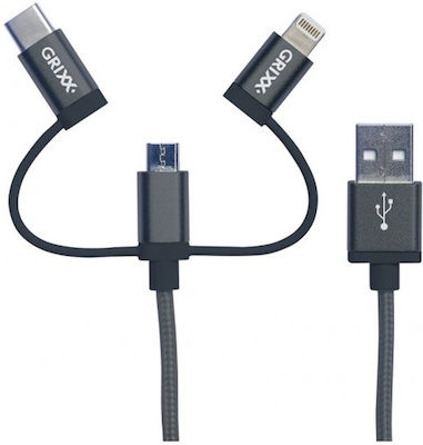 Grixx Плетена USB към Мълния / Type-C / микро USB Кабел Сив 1м (GROCA3IN1FG01)