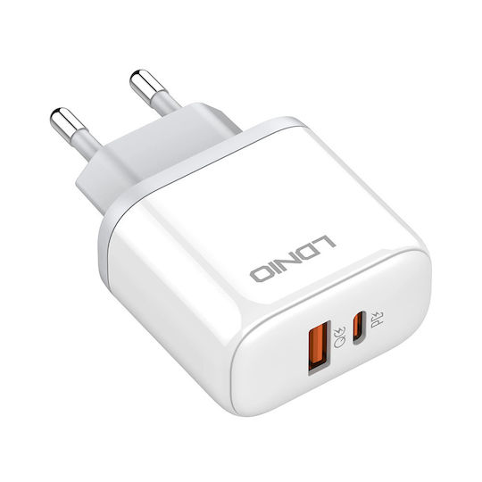 Ldnio Φορτιστής με Θύρα USB-A και Θύρα USB-C και Καλώδιο Lightning 45W Power Delivery Λευκός (A2526C)
