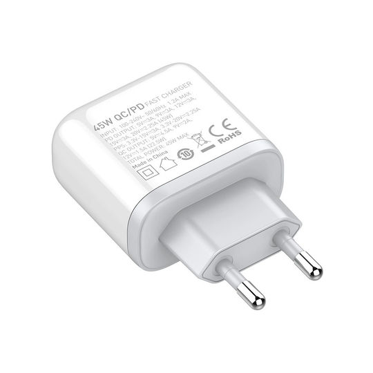 Ldnio Φορτιστής με Θύρα USB-A και Θύρα USB-C και Καλώδιο Lightning 45W Power Delivery Λευκός (A2526C)