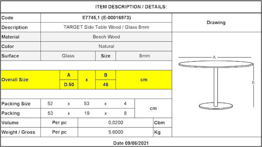 Round Side Table Target from Solid Wood Transparent W50xL50xH46cm E7745,1