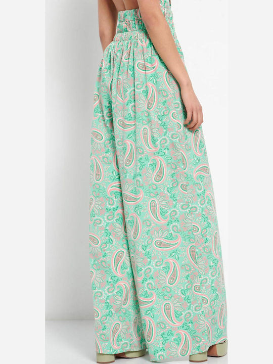 FBL007-11302 Women's High-waisted Fabric Trousers with Elastic in Wide Line Green Fig