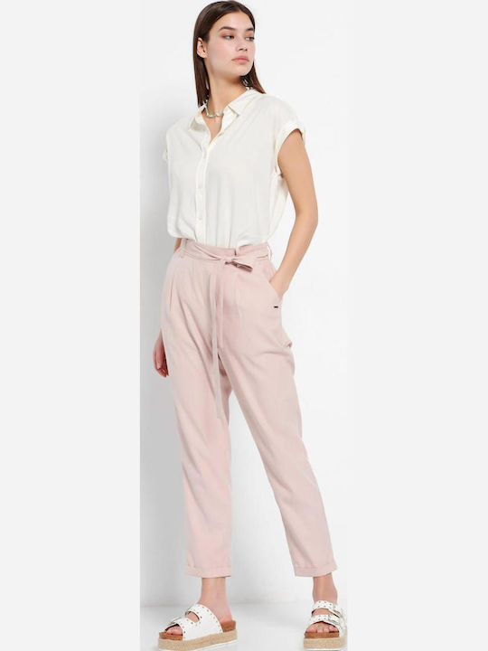 FBL007-10502 Damen Hoch tailliert Stoff Capri Hose mit Gummizug Light Pink