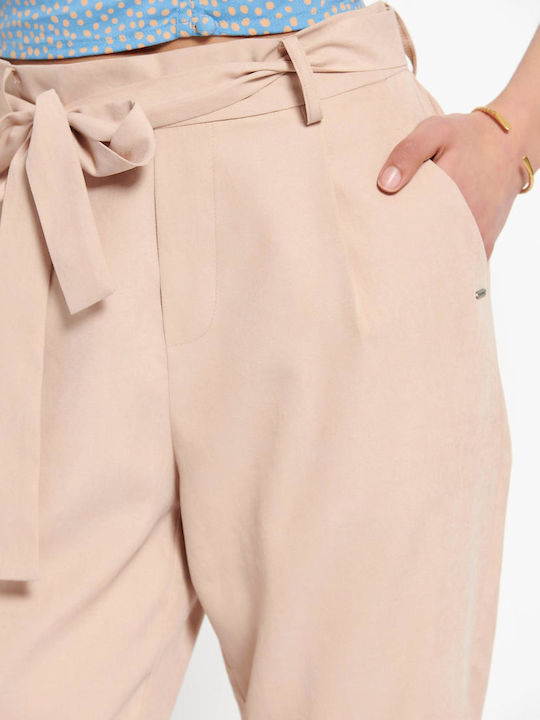FBL007-10502 Women's High-waisted Fabric Capri Trousers Oat Milk