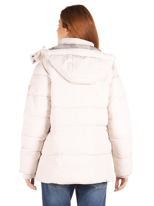 District75 Women's Short Puffer Jacket for Spring or Autumn with Hood Beige