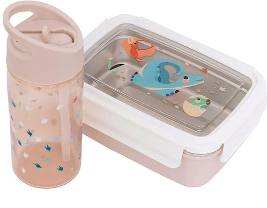Petit Monkey Dino & Footprints Kids Water Bottle Dinosaur Plastic with Straw Pink 380ml