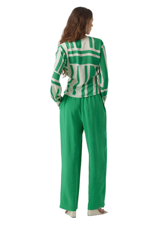 Vero Moda Damen Sommerliche Bluse Langärmelig mit V-Ausschnitt Gestreift Grün