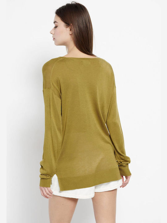 Funky Buddha Women's Long Sleeve Sweater Cotton with V Neckline Olive