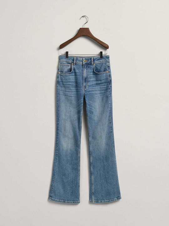 High Waist Women's Jean Trousers Flared Semi Light Indigo Worn In