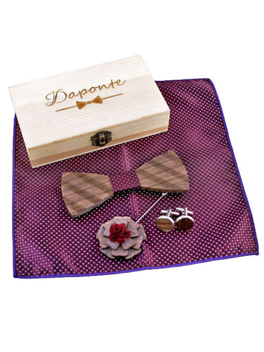 Daponte Handmade Set Papion din lemn cu butoni, batista si ac de cravata Violet