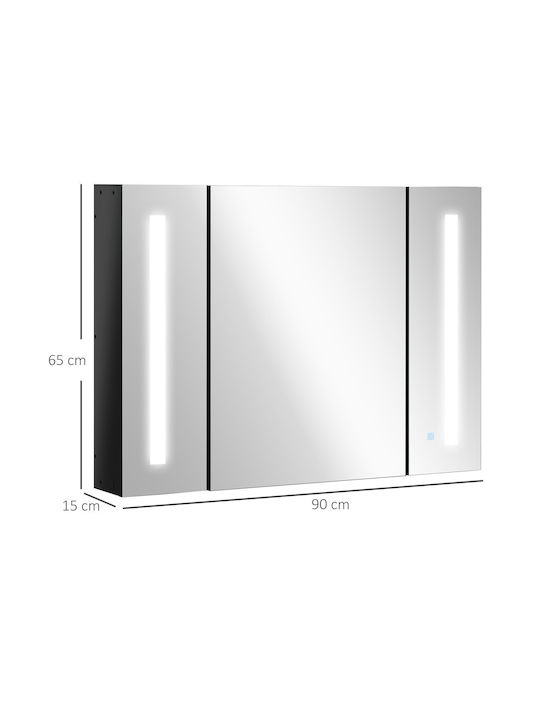 Kleankin 834-416BK Oglindă de Baie Dreptunghiulară Lumini LED din MDF cu Raft & Dulap 90x65cm Negru