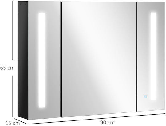 Kleankin 834-416BK Rectangular Bathroom Mirror Led made of MDF with Shelf & Cabinet 90x65cm Black