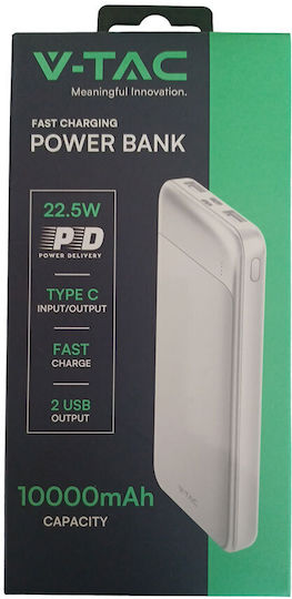 V-TAC Power Bank 10000mAh με Θύρα USB-A και Θύρα USB-C Λευκό