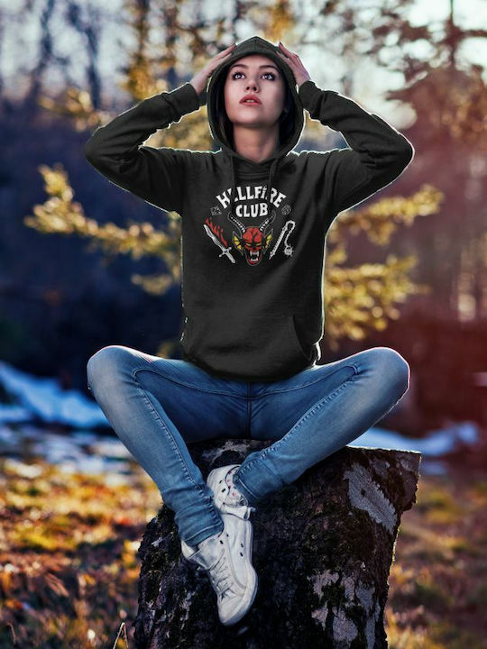TKT Stranger Things Γυναικείο Φούτερ με Κουκούλα Hellfire Club Μαύρο TKT Stranger Things Γυναικείο Φούτερ με Κουκούλα Hellfire Club Μαύρο