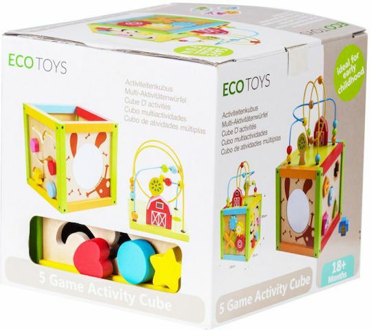 Ecotoys Shape Sorting Toy Educational Activity Cube 5 In 1 made of Wood for 18++ Months