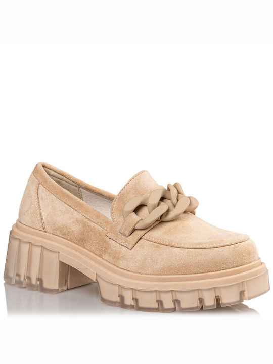 Envie Shoes Leather Women's Loafers in Beige Color