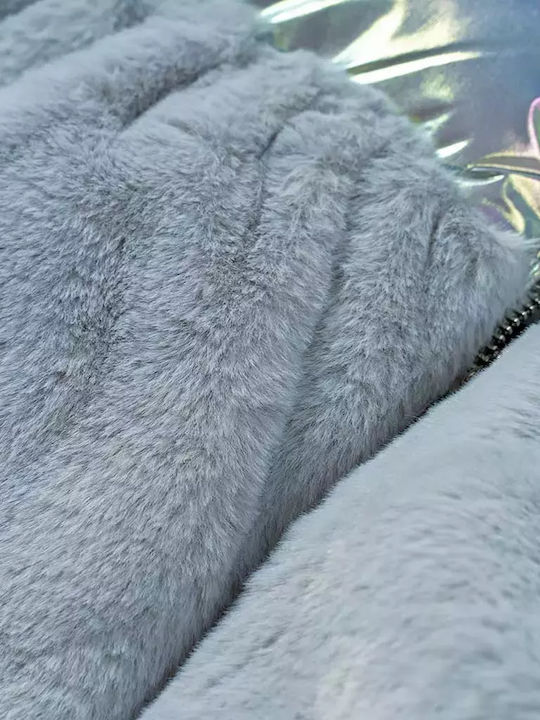 Kids Quilted Short Coat with Hood Silver