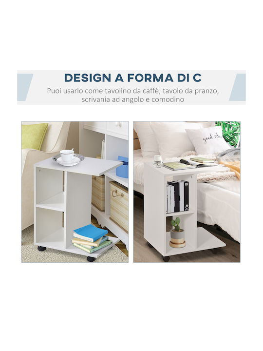 Masă Laterală Rectangulară Din Lemn Cu Roți Albă L58xL35xÎ45cm